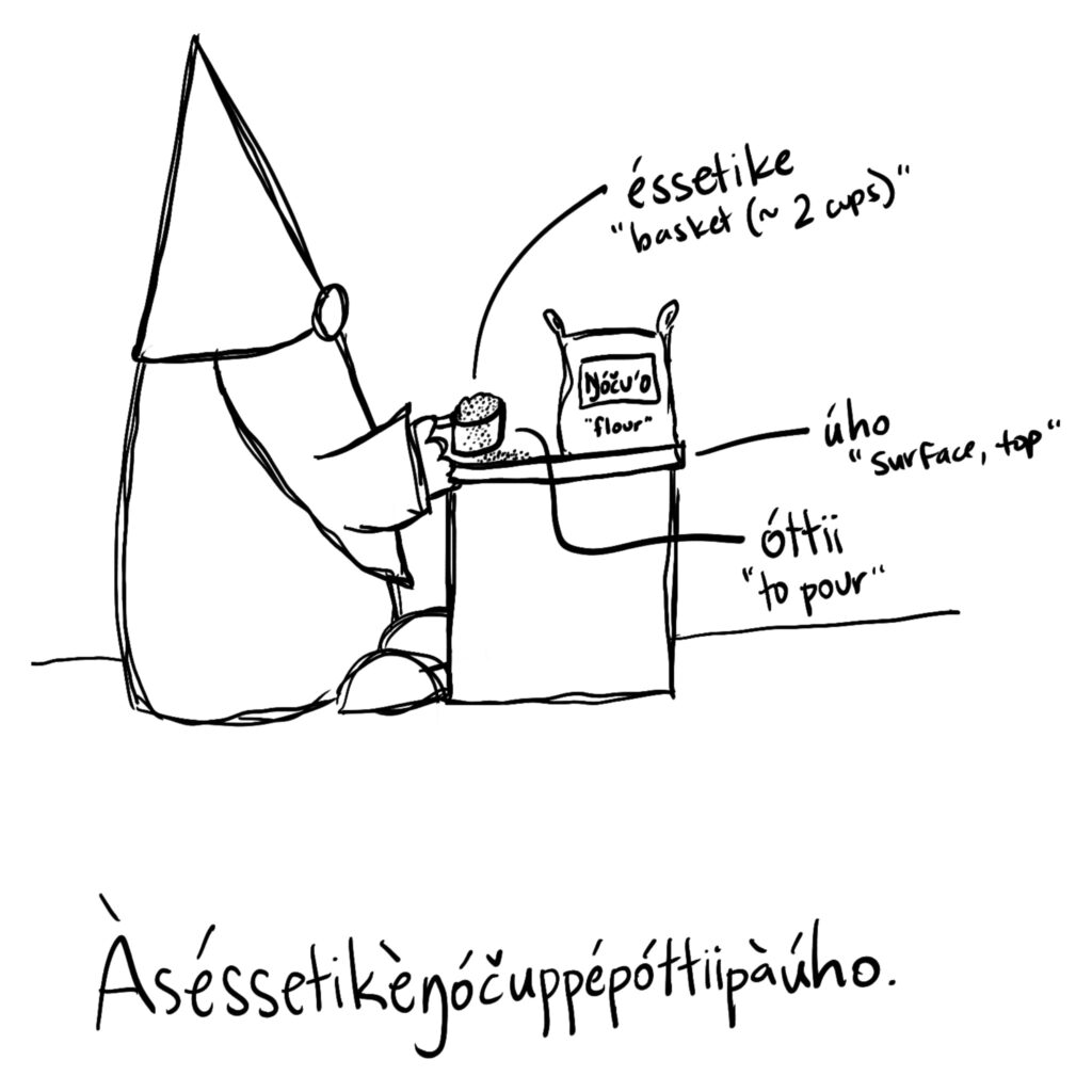 A nisse pouring a large cup of flour onto a tabletop, with a bag of flour sitting nearby.