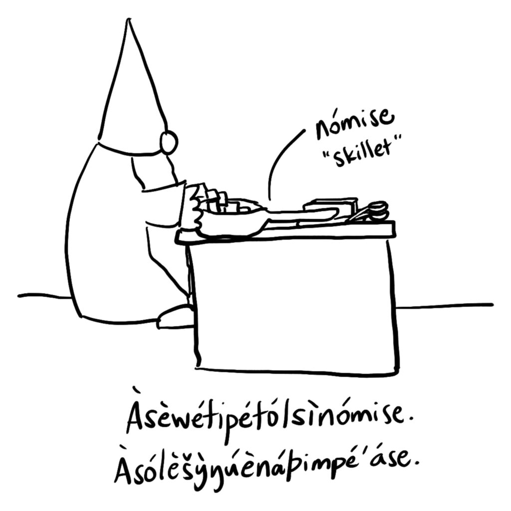 Drawing of a nisse adding diced apples and butter to a skillet.