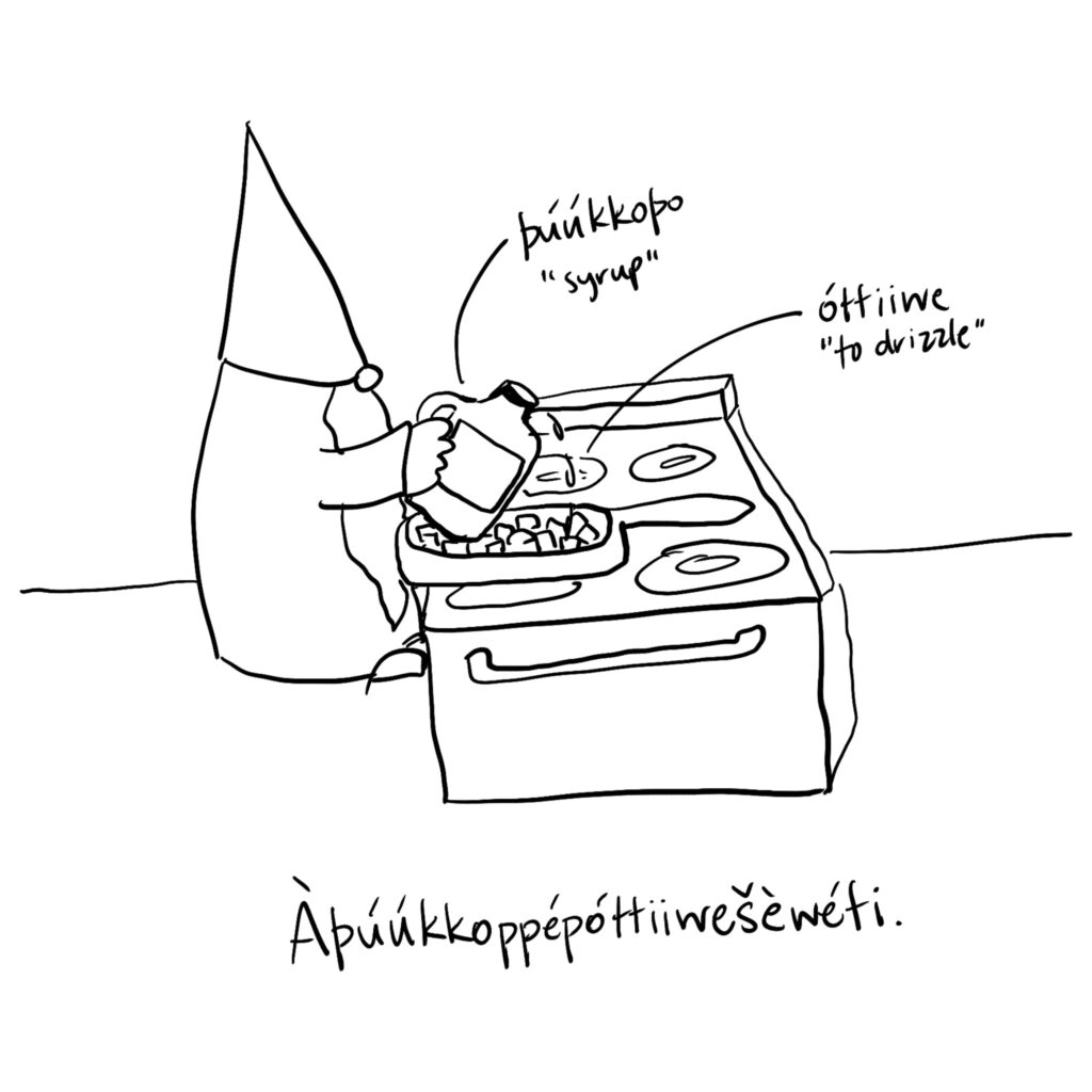 Drawing of a nisse drizzling syrup from a large jug over a skillet full of diced apples.