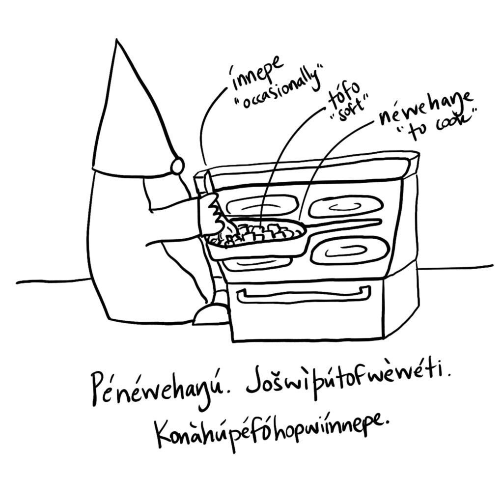 Drawing of a nisse stirring diced apples in a skillet, which is on a stovetop.