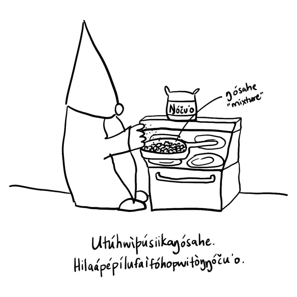 Drawing of a nisse sprinkling flour over a mixture of diced apples in a skillet, which is on a stovetop.