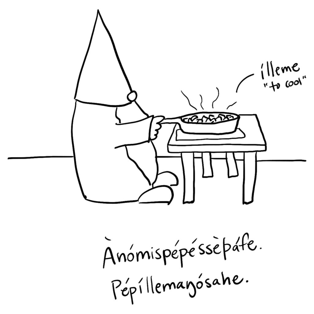 Drawing of a nisse placing a hot skillet full of diced apples onto a small table.