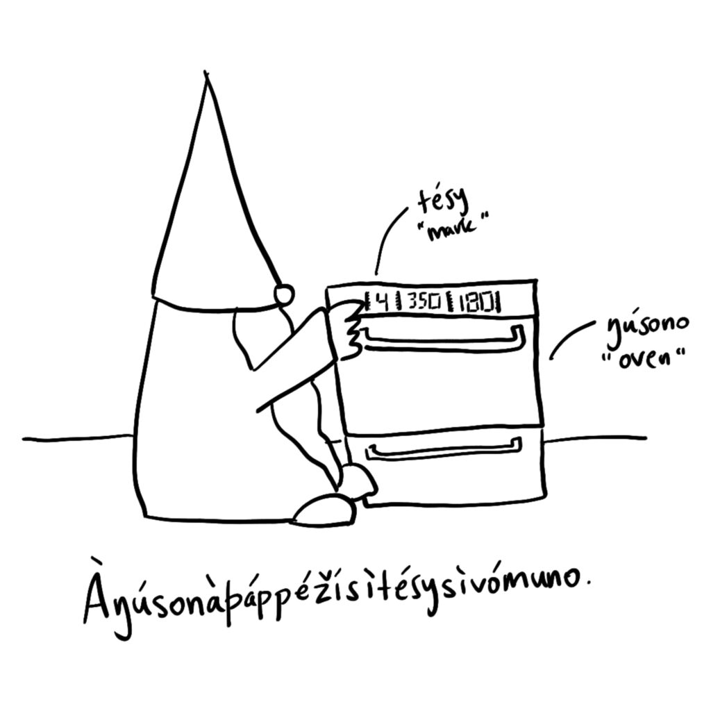 Drawing of a nisse setting an oven to gas mark 4 (180° Celsius / 350° Farenheit).