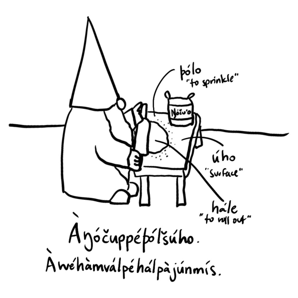 Drawing of a nisse rolling out dough into a circular shape on a tabletop sprinkled with flour.