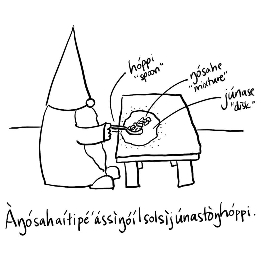 Drawing of a nisse spooning apple mixture onto half of a flattened circle of dough.