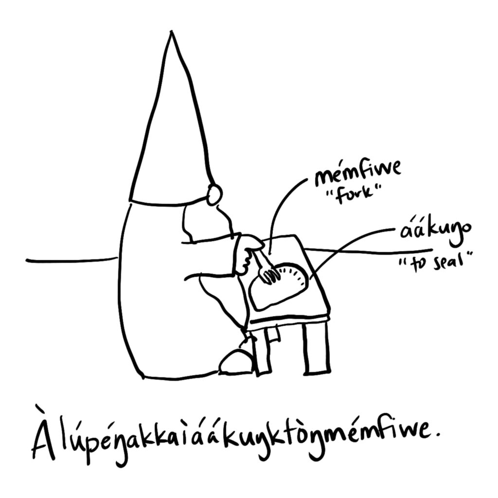 Drawing of a nisse using a fork to press and seal the edges of a half moon pastry.