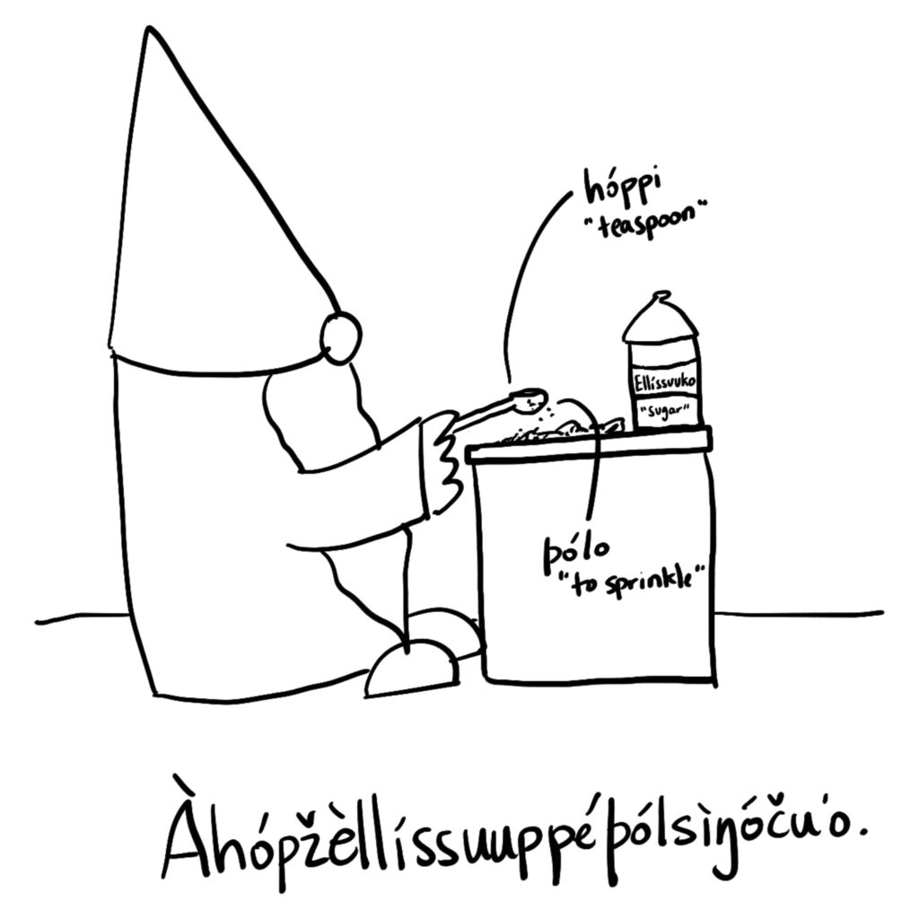 A nisse sprinkling a teaspoon of sugar over flour with a sugar pot on the table next to the flour mixture.