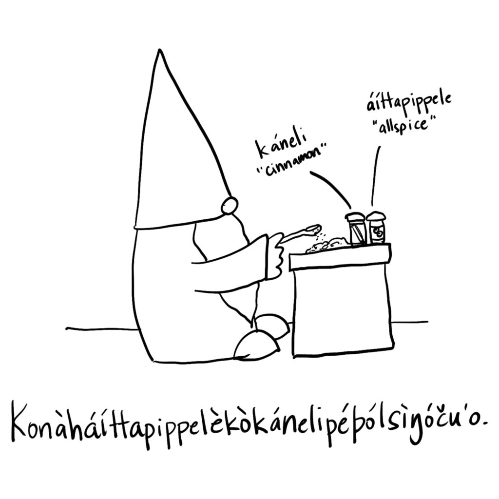 A nisse sprinkling cinnamon and allspice into a skillet with diced apples.