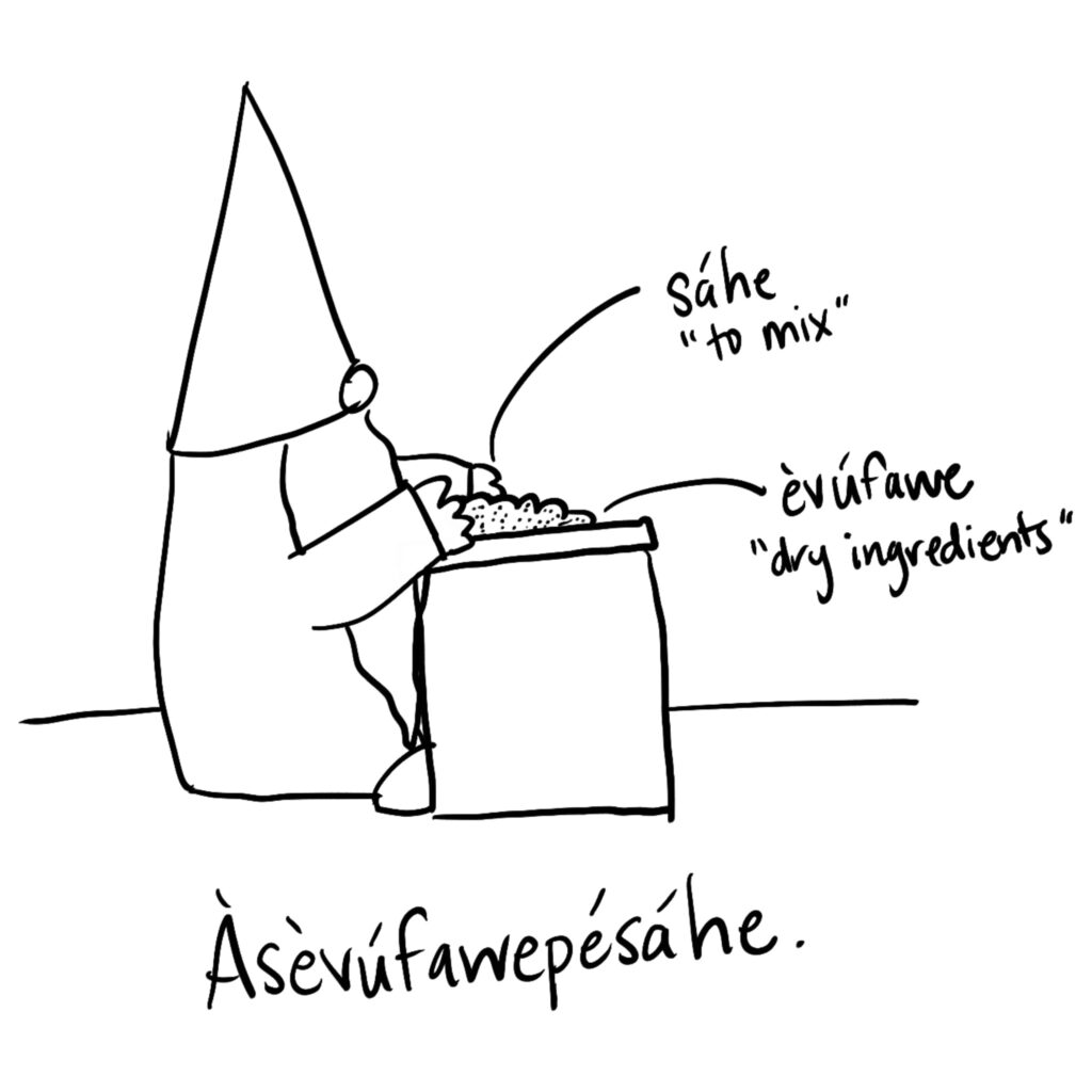 A nisse mixing together a pile of dry ingredients on a table.